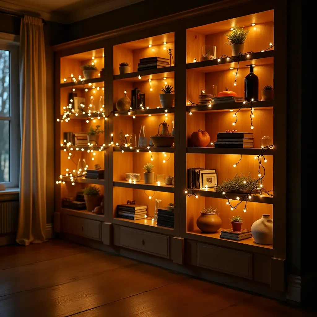 a photo of open shelving adorned with fairy lights for a magical touch