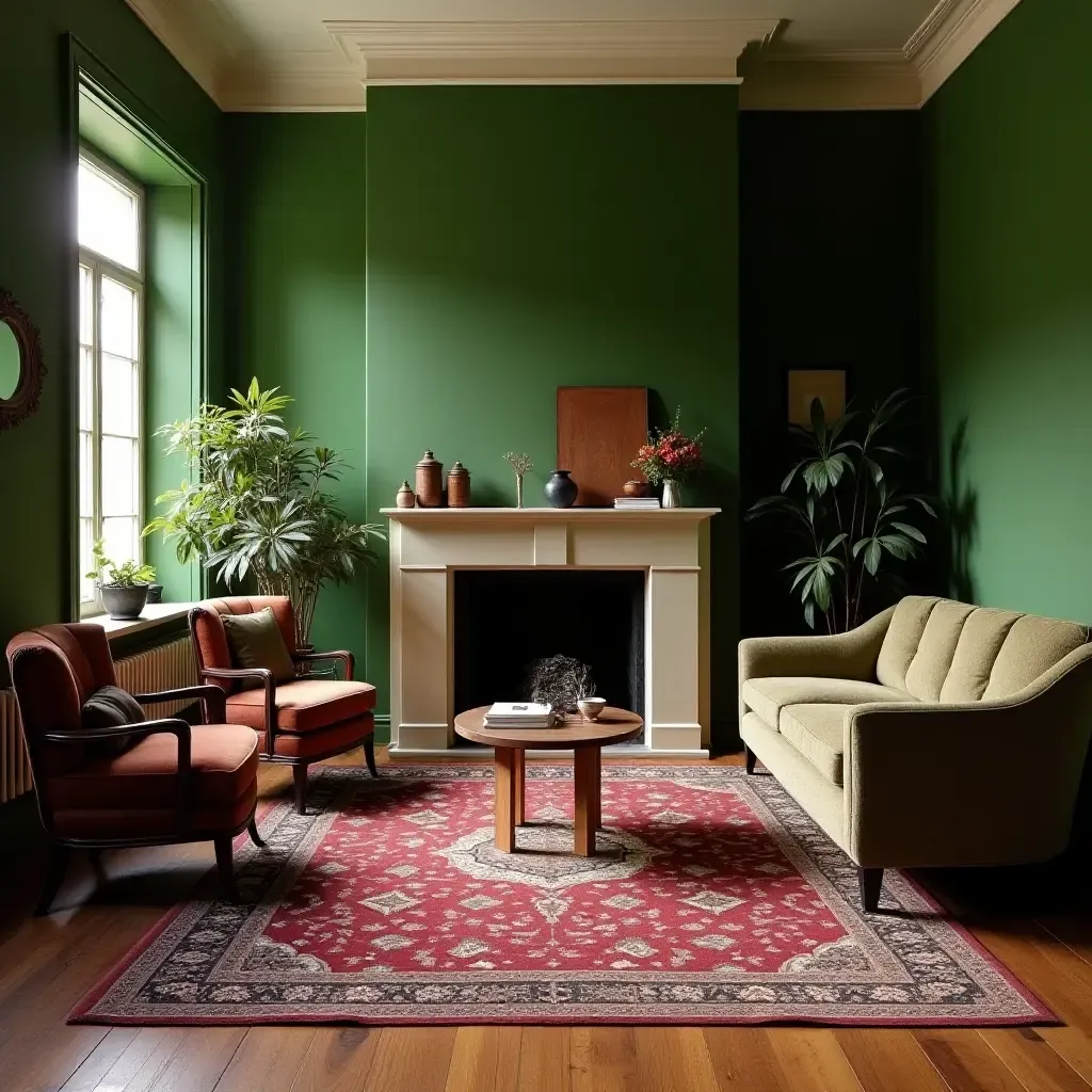 a photo of a vintage living room with green and burgundy patterned rugs