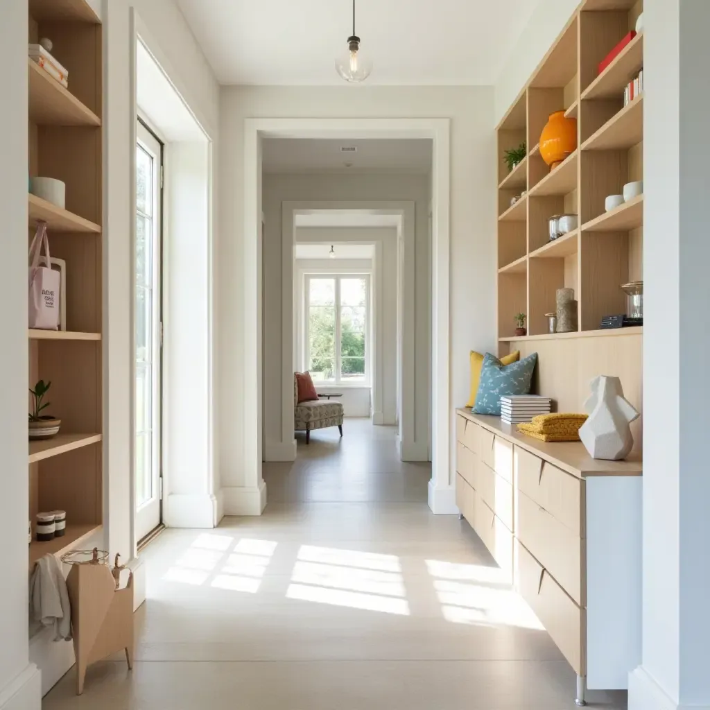 a photo of a bright entrance hall with open shelving and colorful accessories