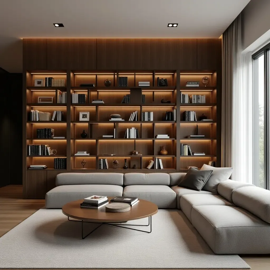 a photo of a sleek library featuring a floating shelf design