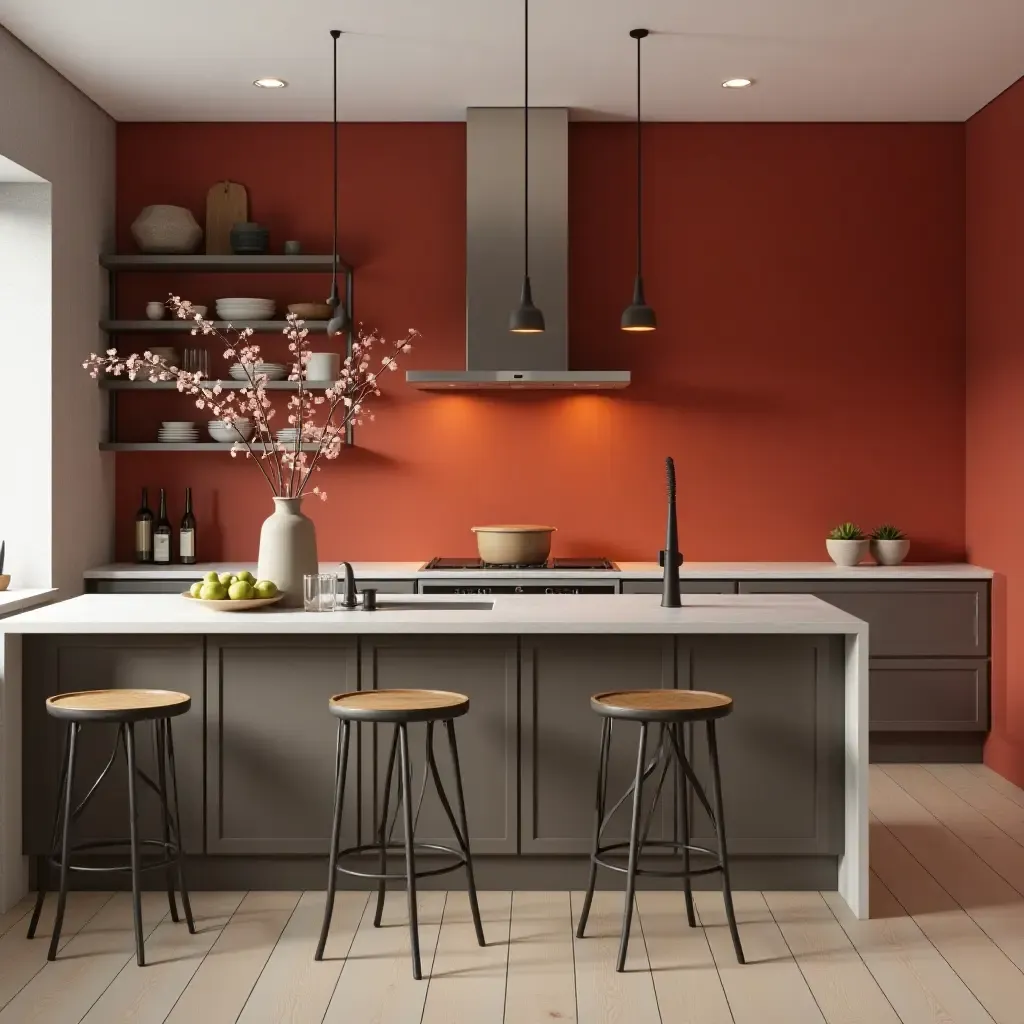 a photo of a bold color block wall design in a contemporary kitchen