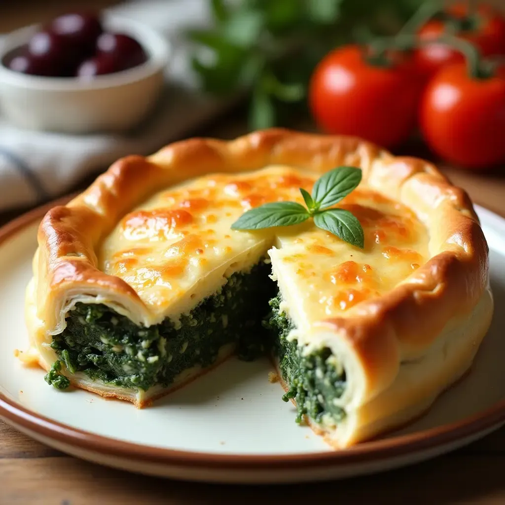 a photo of a traditional Greek spinach pie (spanakopita) served with a side of olives and tomatoes.