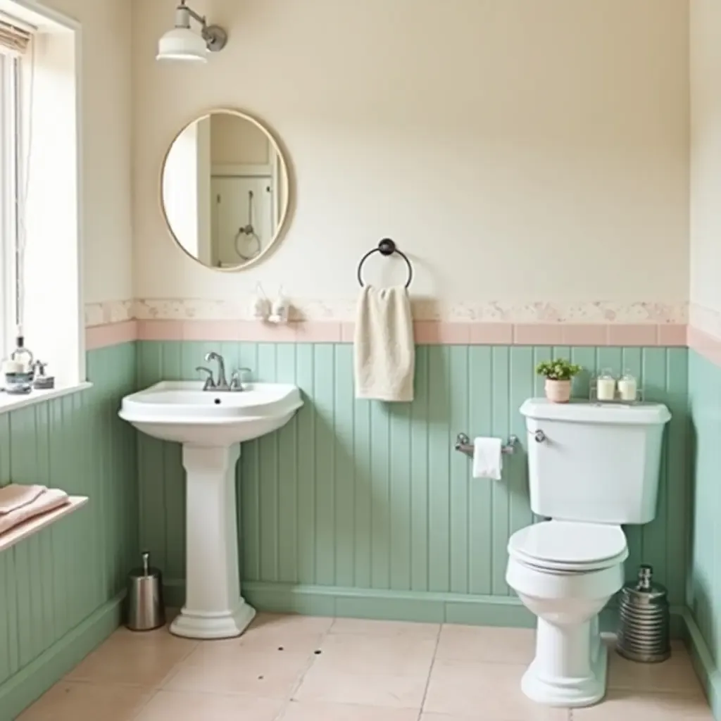 a photo of a quaint bathroom with pastel-colored tiles