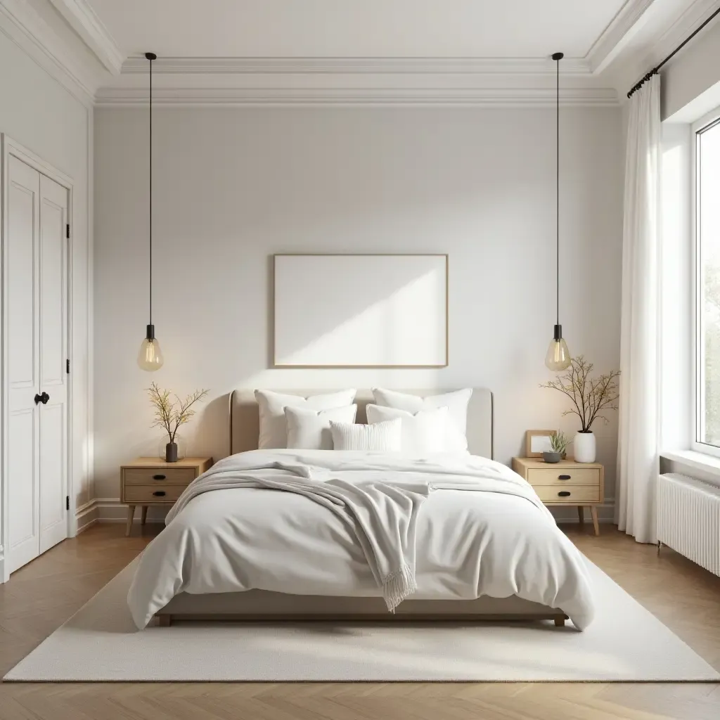 a photo of a calming bedroom with a focus on symmetry and balance