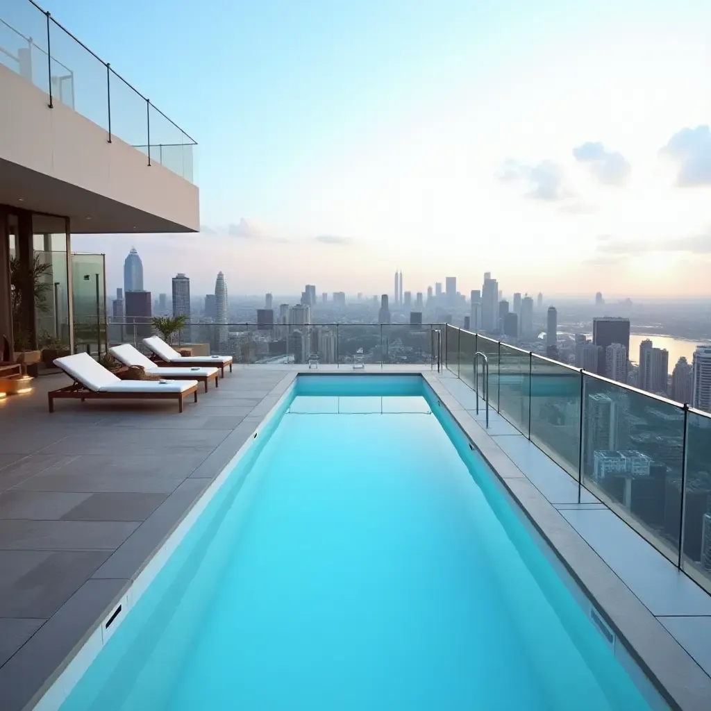 a photo of a chic rooftop pool with panoramic city views and modern loungers