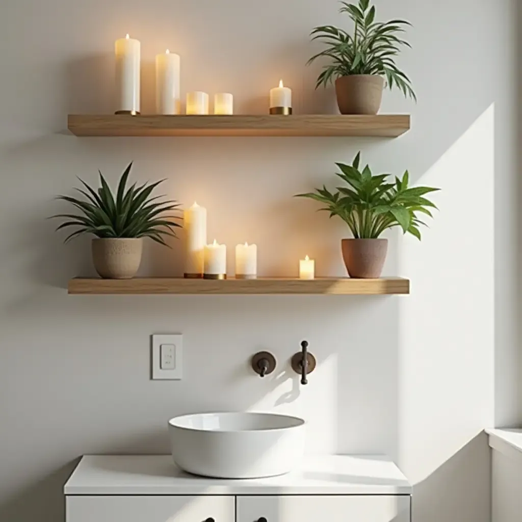 a photo of a wooden wall shelf with candles and plants in a bathroom