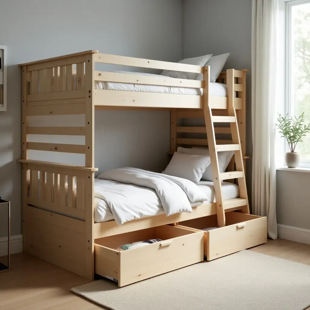 a photo of a bunk bed with integrated storage drawers