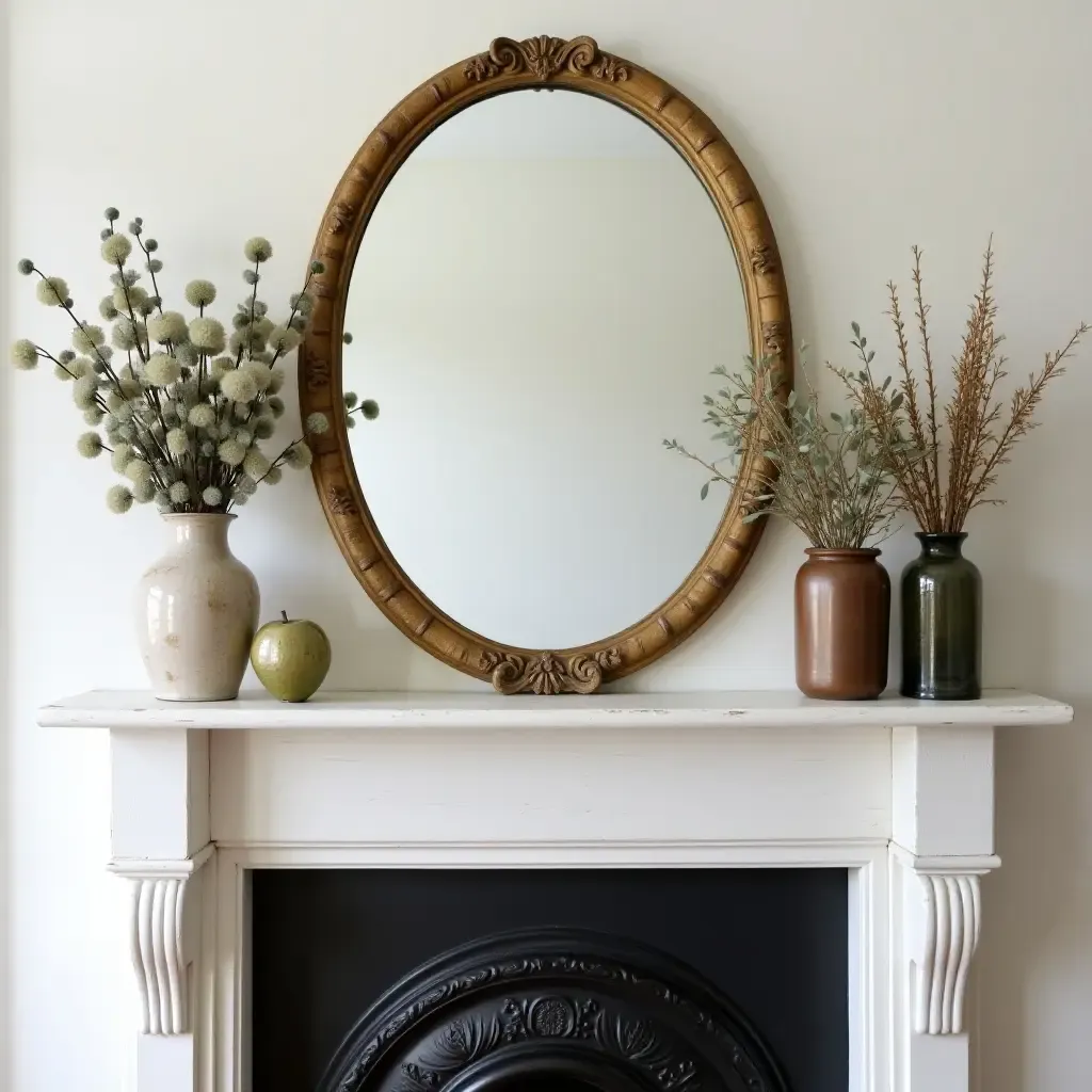 a photo of a vintage mantel decorated with a round mirror and floral arrangements