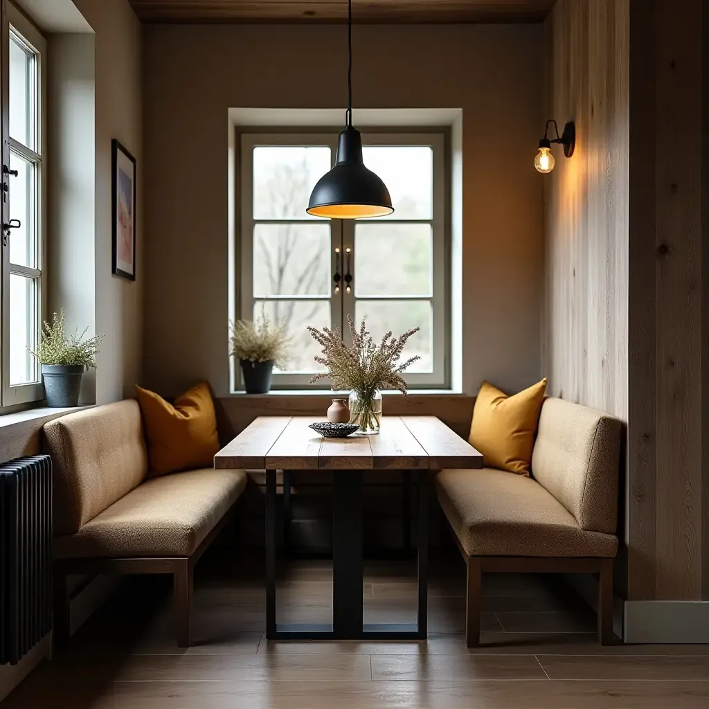 a photo of a breakfast nook with a rustic wooden table and industrial lights