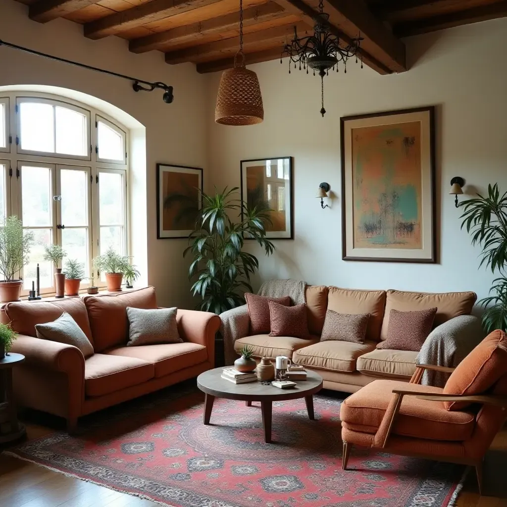 a photo of a bohemian living room with vintage furniture and accessories