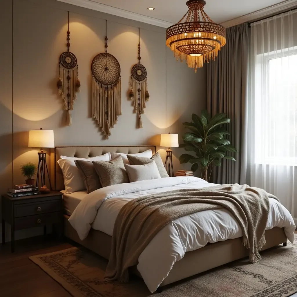 a photo of a bohemian bedroom with metallic dreamcatchers