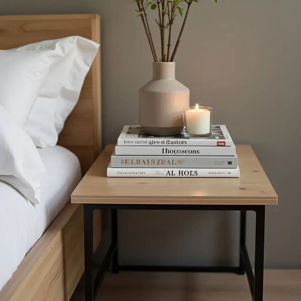 a photo of a sleek bedside table with designer books