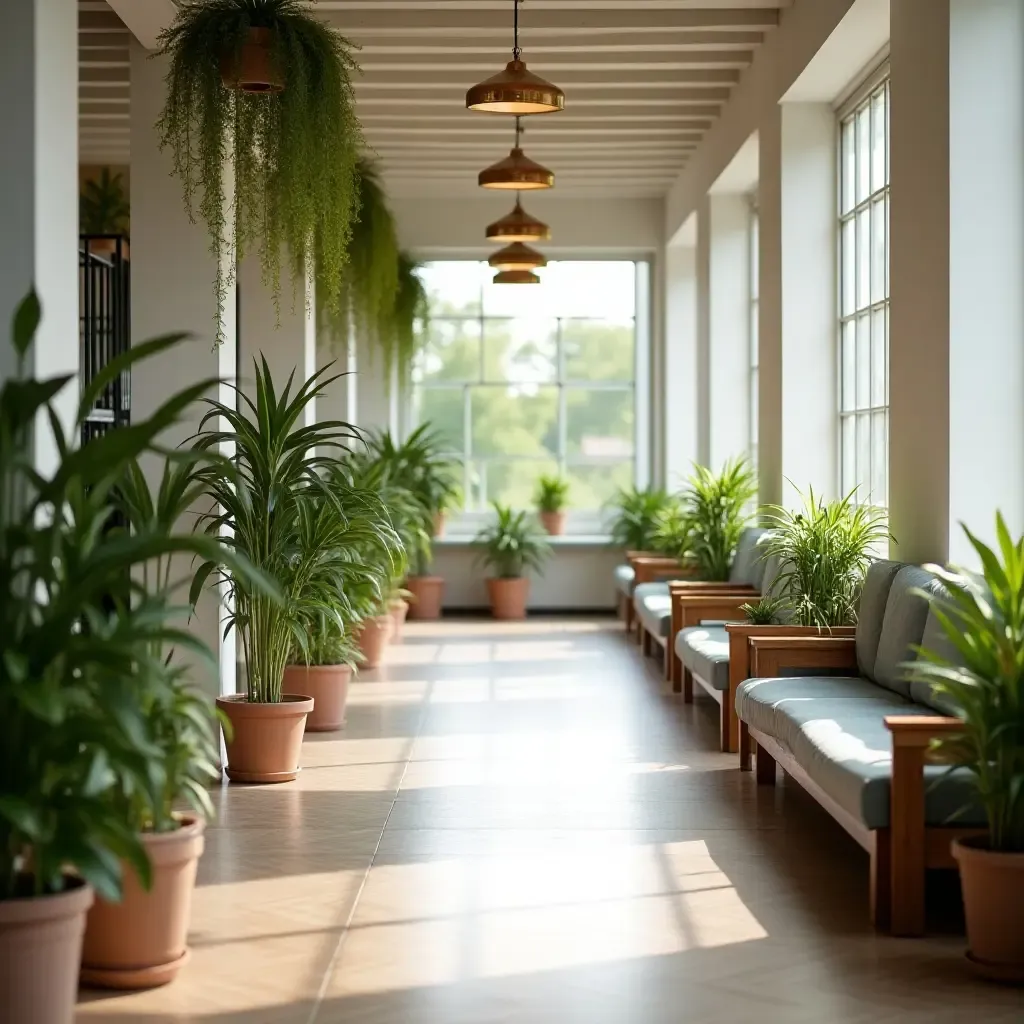 a photo of a bright and airy corridor with hanging plants and seating