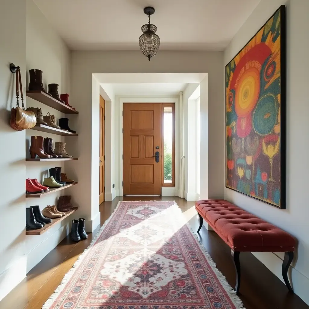 a photo of an entrance hall with a quirky shoe display and colorful wall art