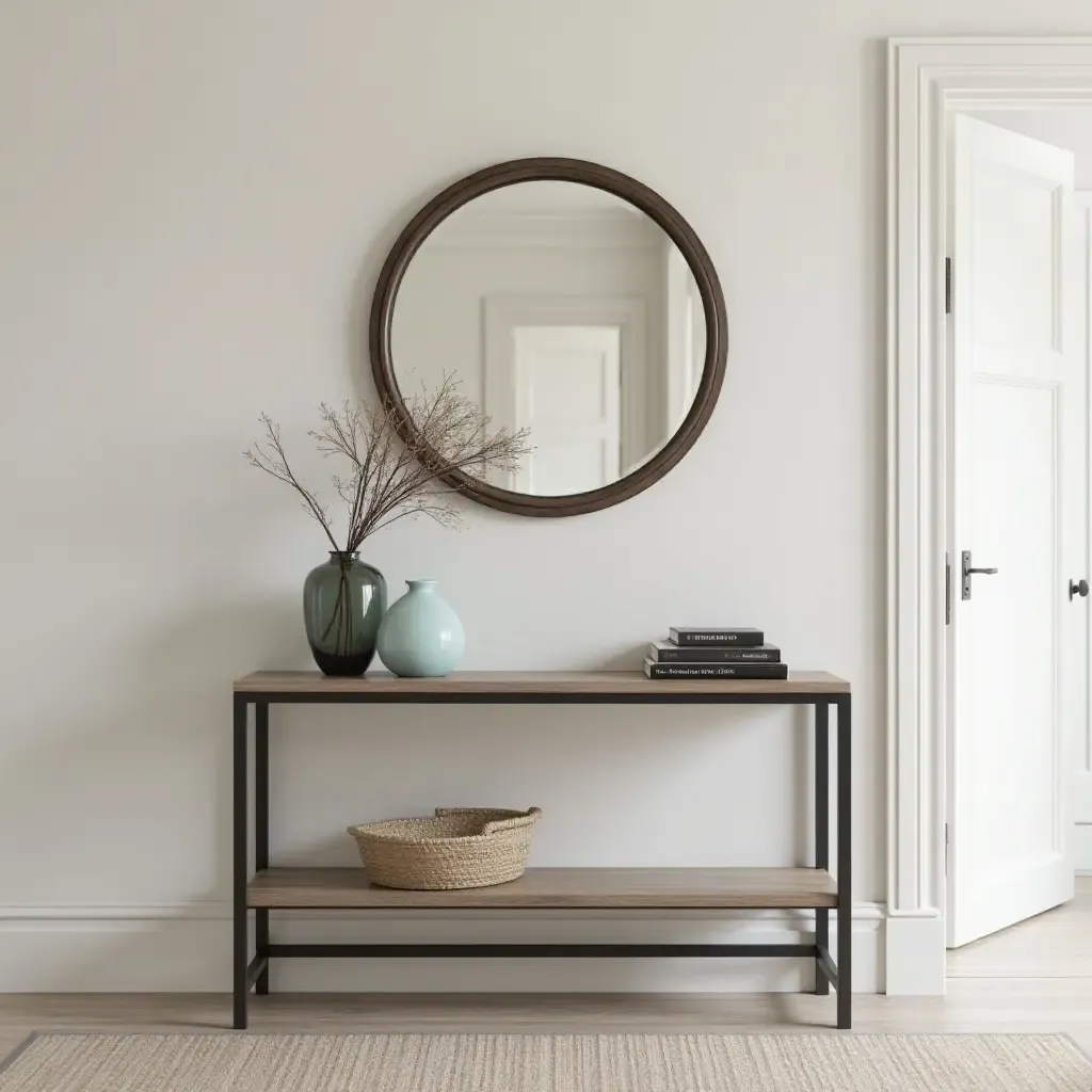 a photo of a stylish entrance hall with a modern console table and decorative mirror