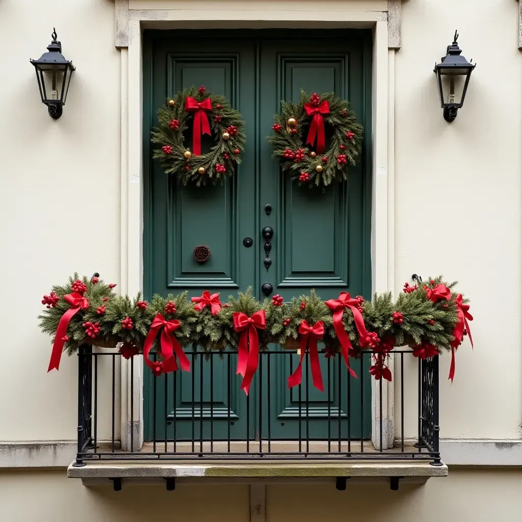 a photo of a balcony wall decorated with seasonal wreaths