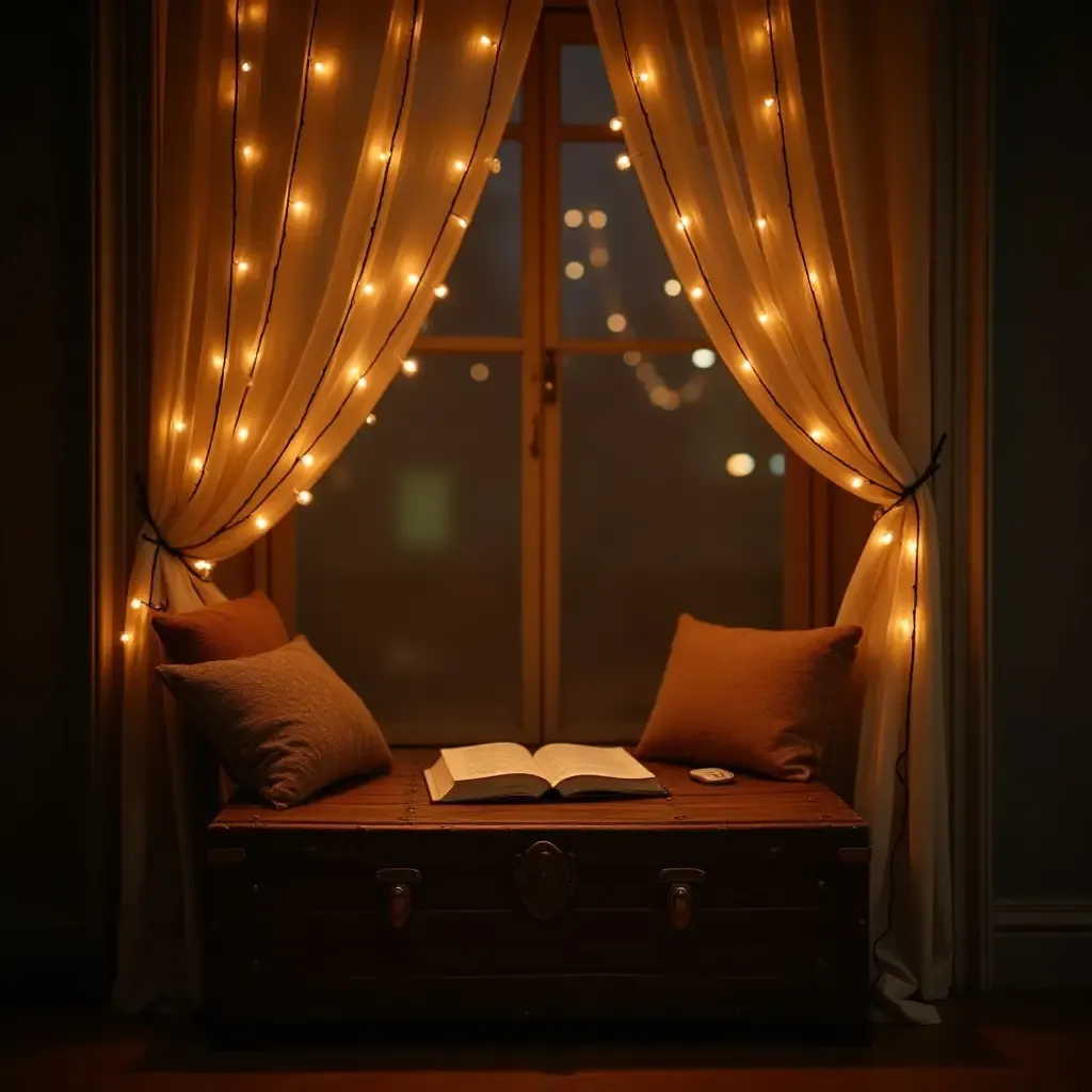 a photo of a reading nook with a vintage trunk and fairy lights