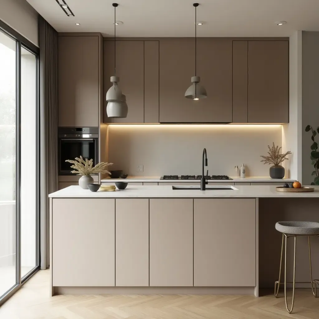 a photo of a chic kitchen with hidden storage and a calming atmosphere