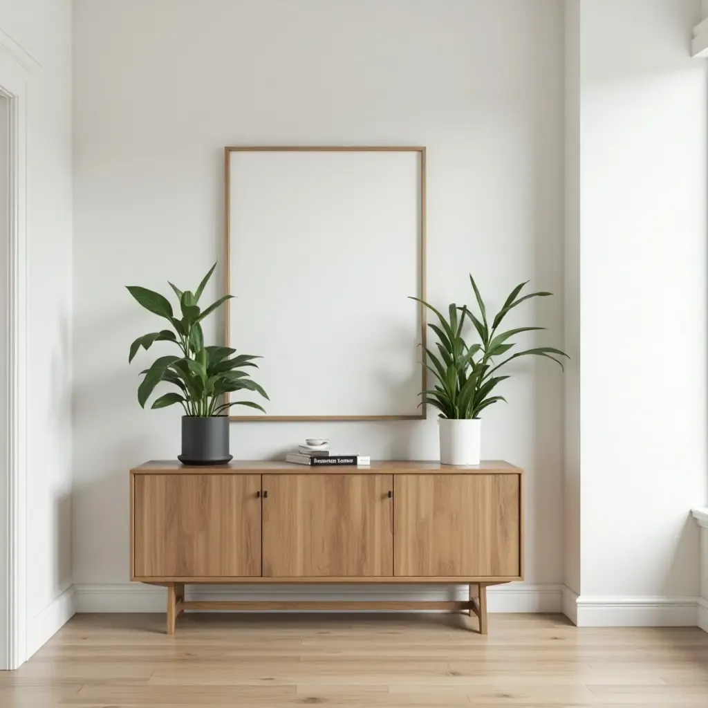 a photo of a wooden console table with plants in the hallway