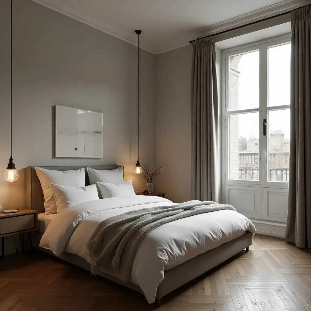 a photo of a stylish bedroom with industrial pendant lights