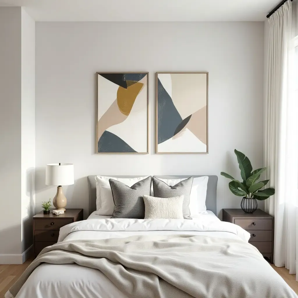 a photo of a geometric gallery wall with abstract art pieces in a contemporary teen bedroom