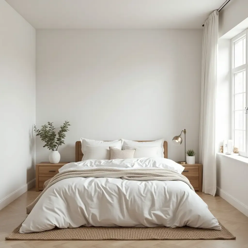 a photo of a Scandinavian-inspired bedroom with light colors and natural materials