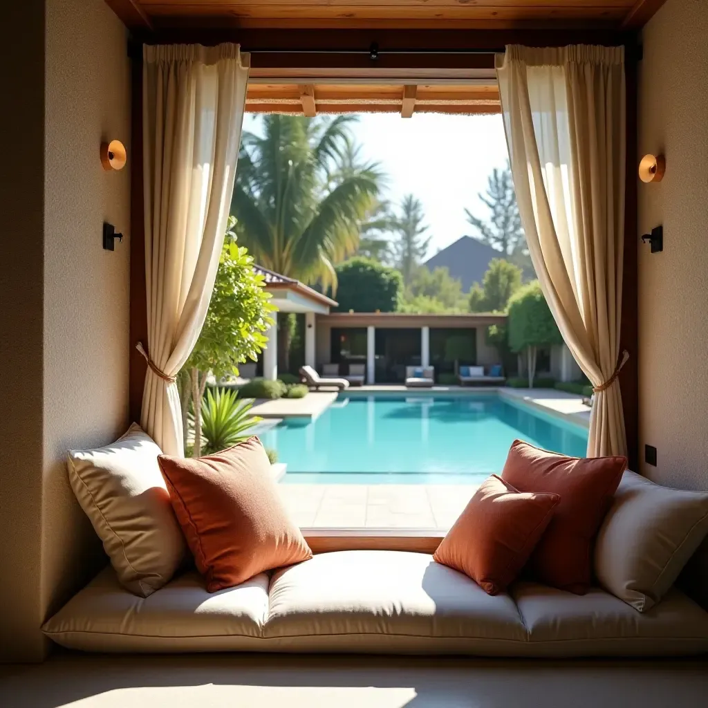 a photo of a cozy outdoor nook with pillows and a view of the pool