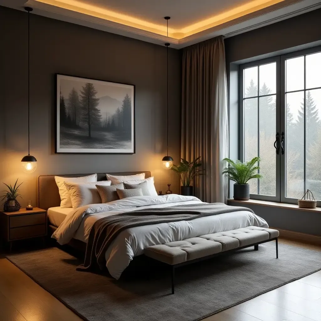 a photo of a modern bedroom with industrial elements and warm lighting