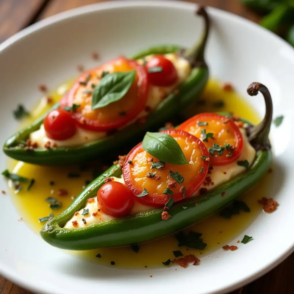 a photo of stuffed piquillo peppers with cheese and herbs, garnished with olive oil