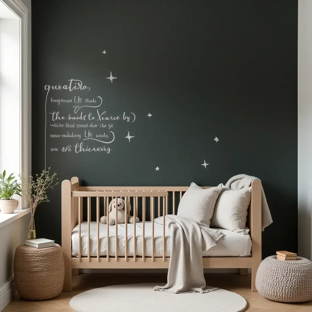 a photo of a nursery featuring a reading nook with a chalkboard wall