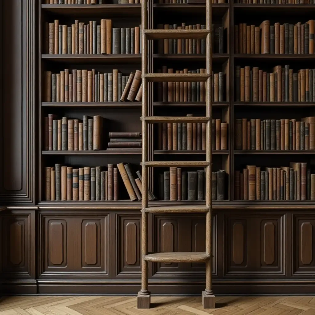 a photo of an old-fashioned library ladder leaning against a tall bookshelf