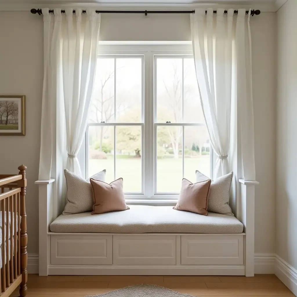 a photo of a nursery with a charming window seat filled with cushions