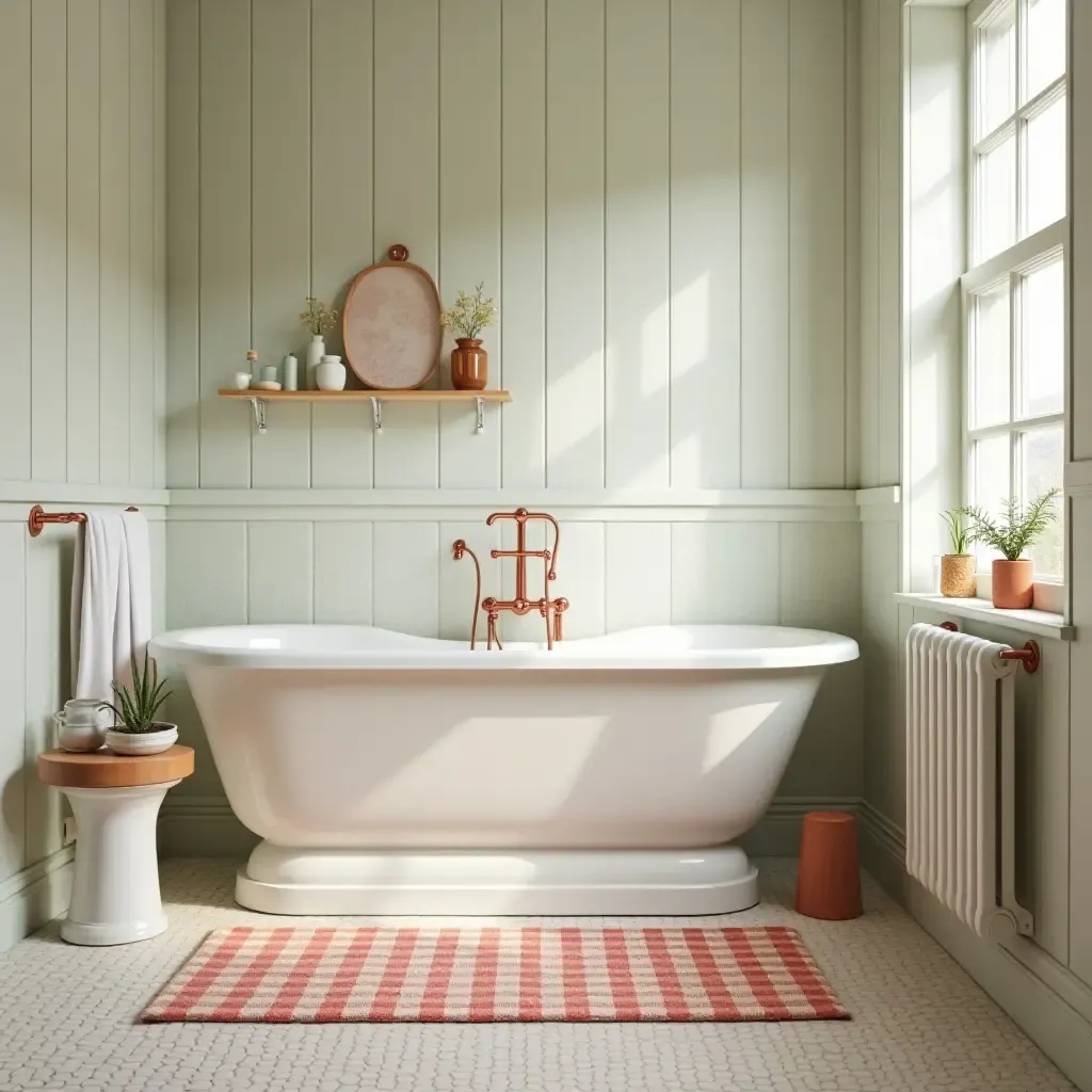 a photo of a playful checkered rug in a retro bathroom