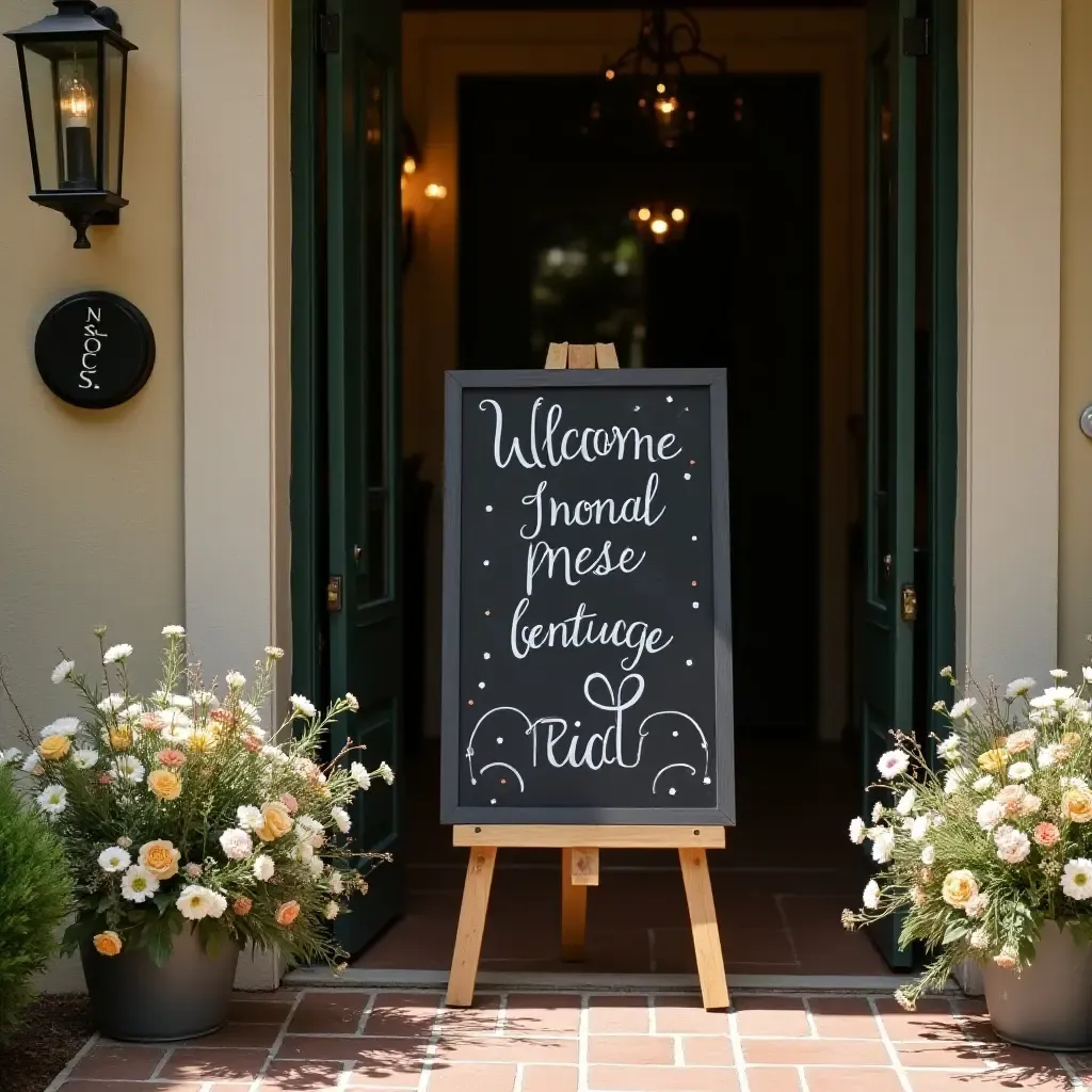 a photo of a welcoming entrance with a chalkboard sign and fresh flowers