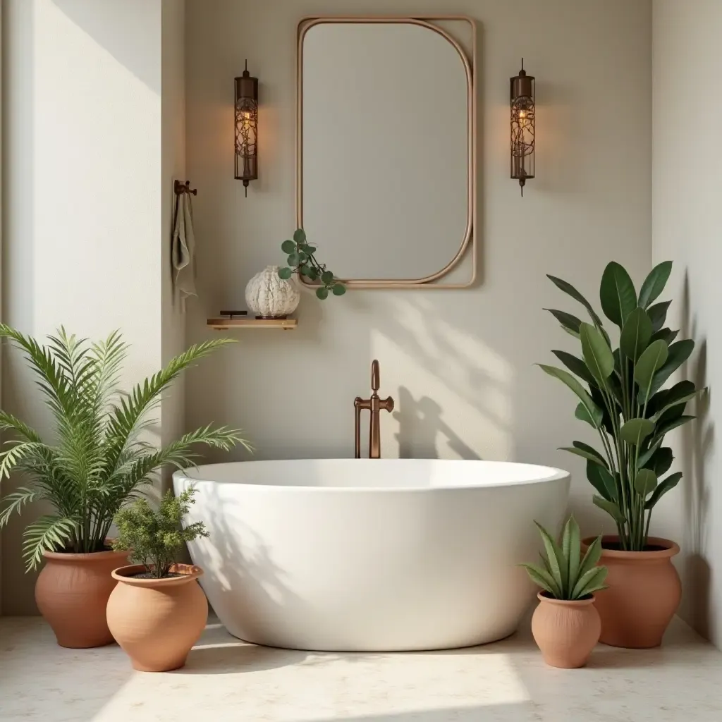 a photo of a bathroom with decorative terracotta pots and plants