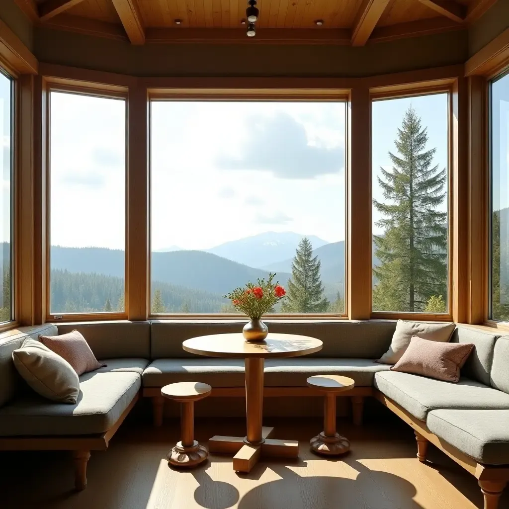 a photo of a breakfast nook with a wall of windows and scenic views