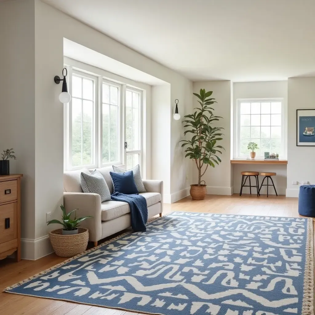 a photo of a nautical-themed rug enhancing a beach-inspired basement