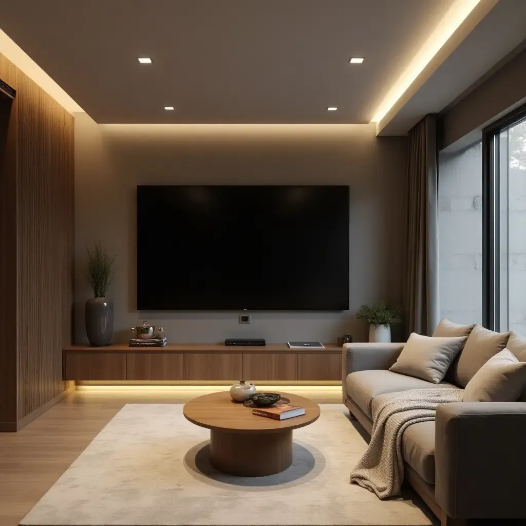 a photo of a modern basement with minimalist decor and a large TV