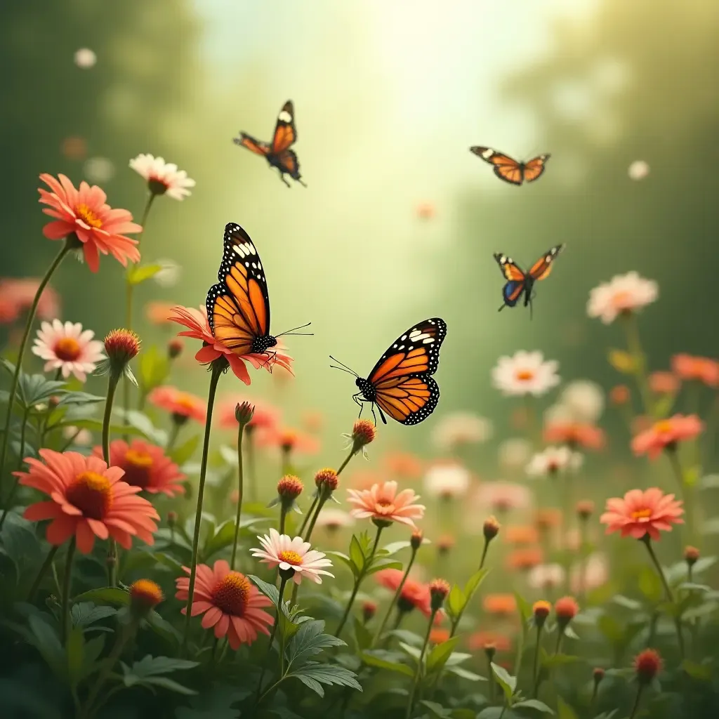 a photo of a charming garden scene with butterflies and flowers