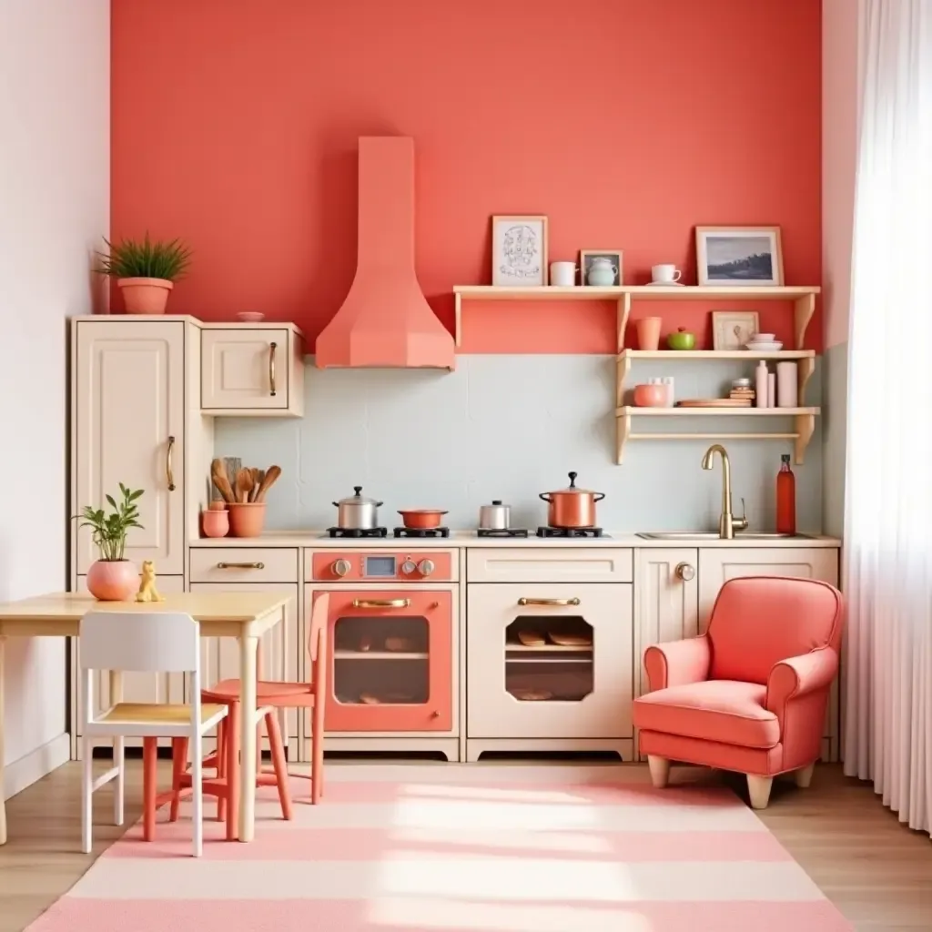 a photo of a bright red and white kitchen-themed playroom