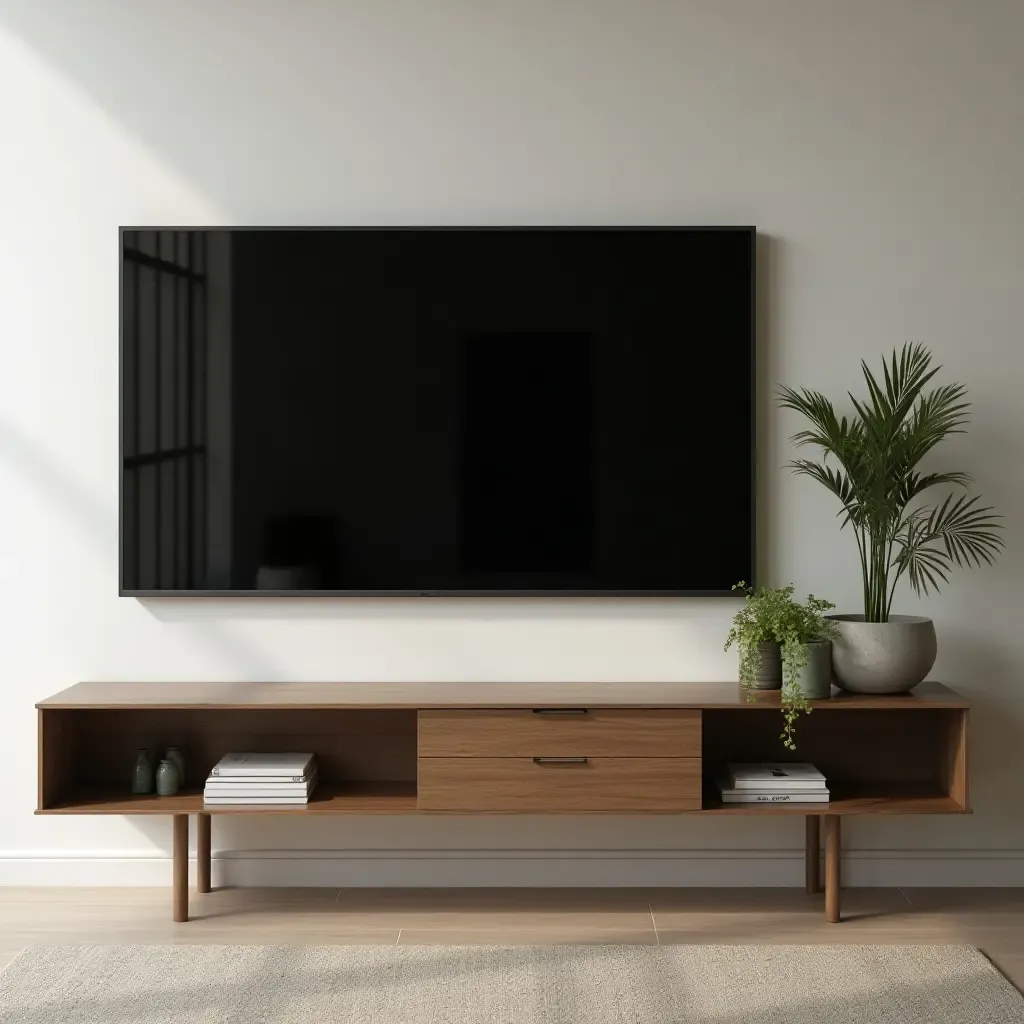 a photo of a modern TV mounted in a stylish corner shelf with plants