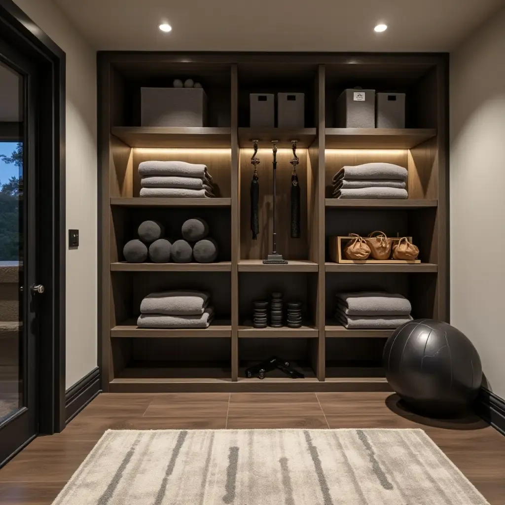 a photo of a basement gym with shelves for equipment and towels