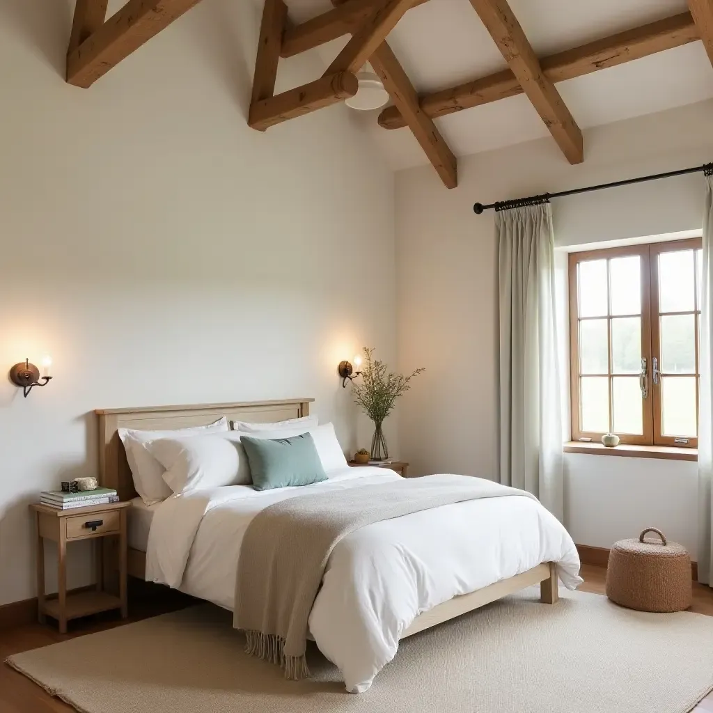 a photo of a cozy farmhouse bedroom with wooden beams and pastel colors