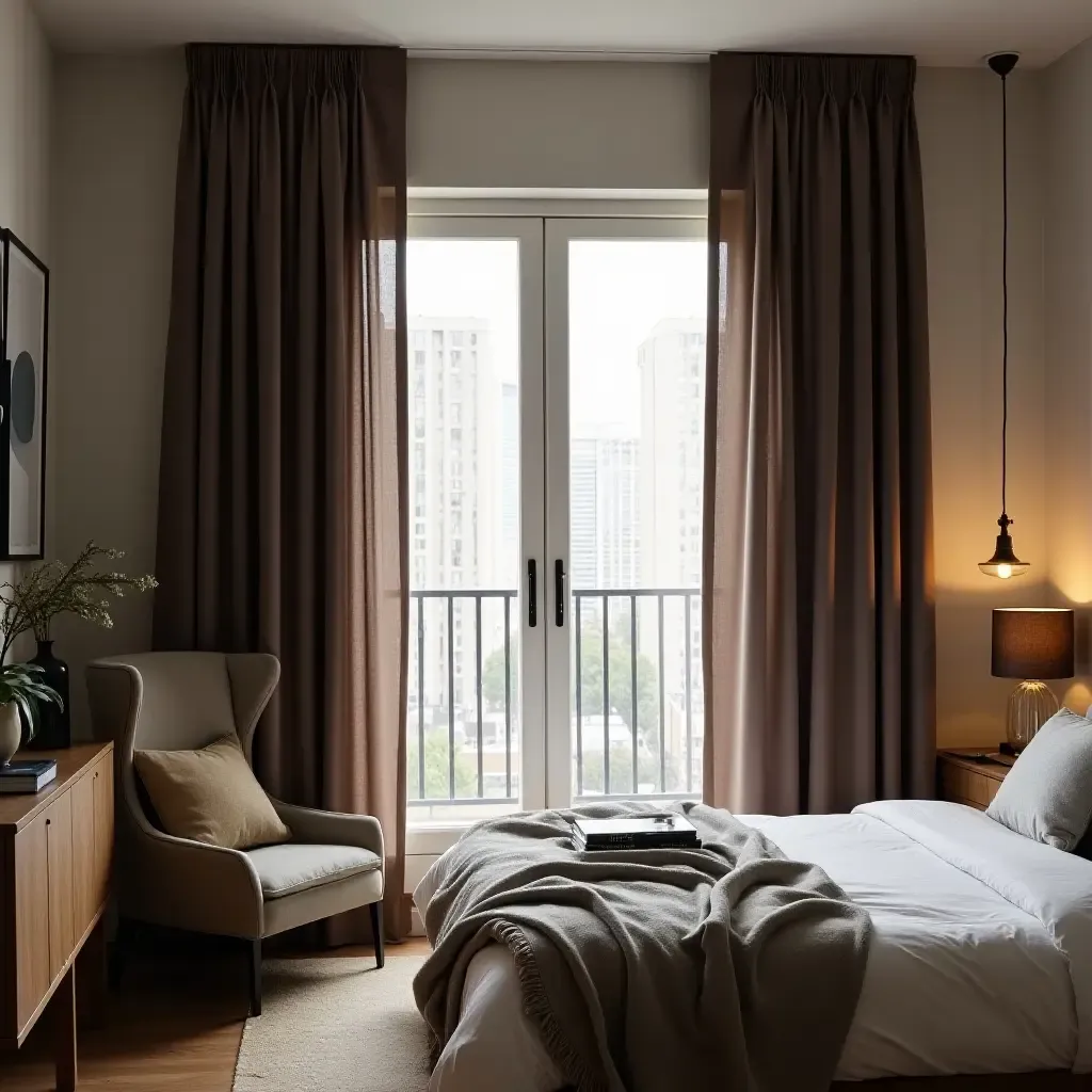 a photo of industrial-style curtains in a cozy bedroom