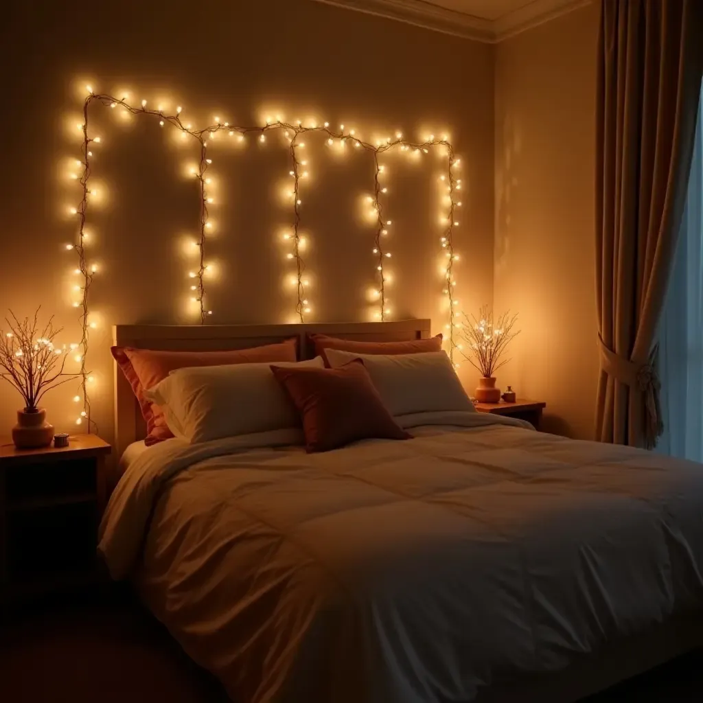 a photo of a romantic bedroom with metallic string lights