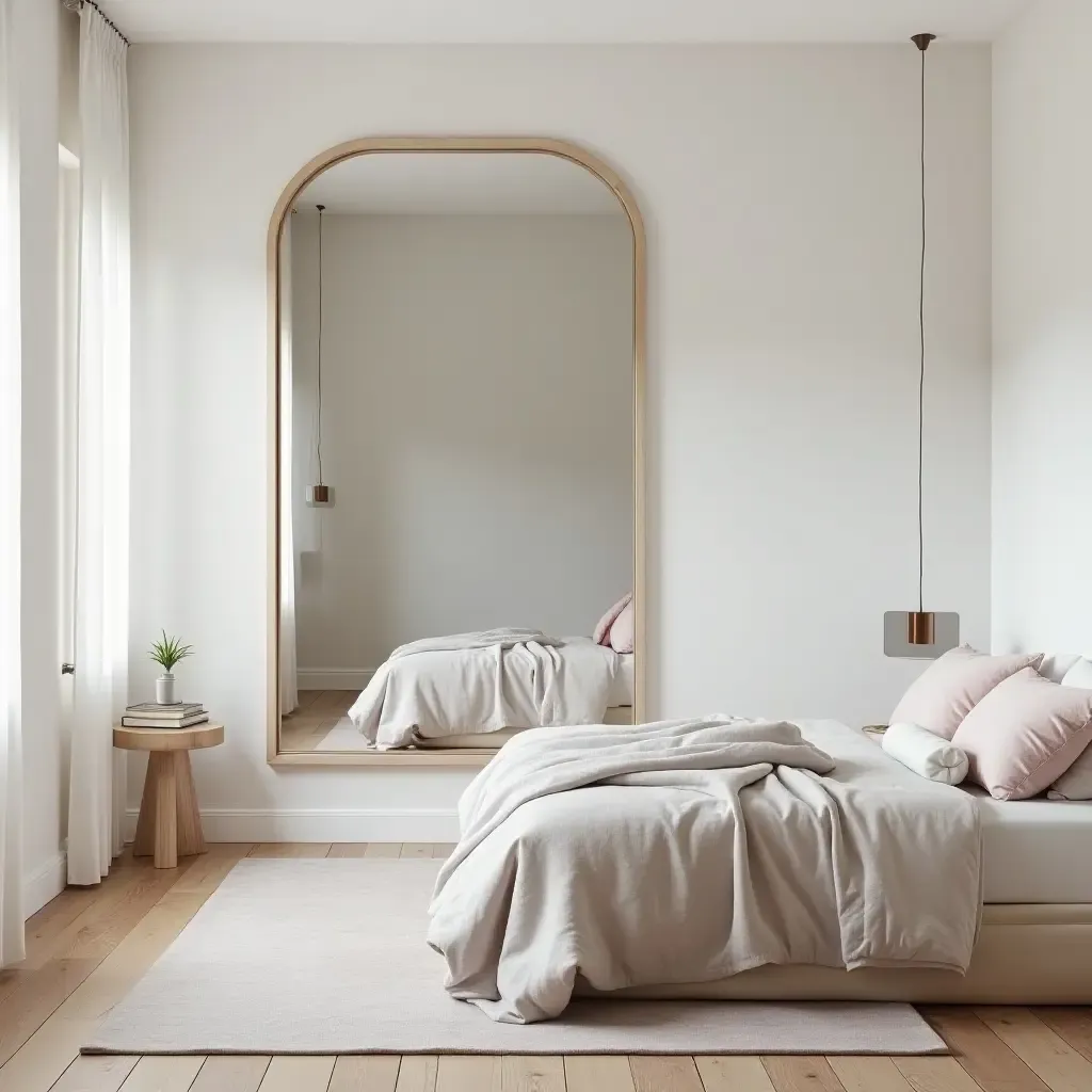 a photo of a stylish teen room with an oversized wall mirror