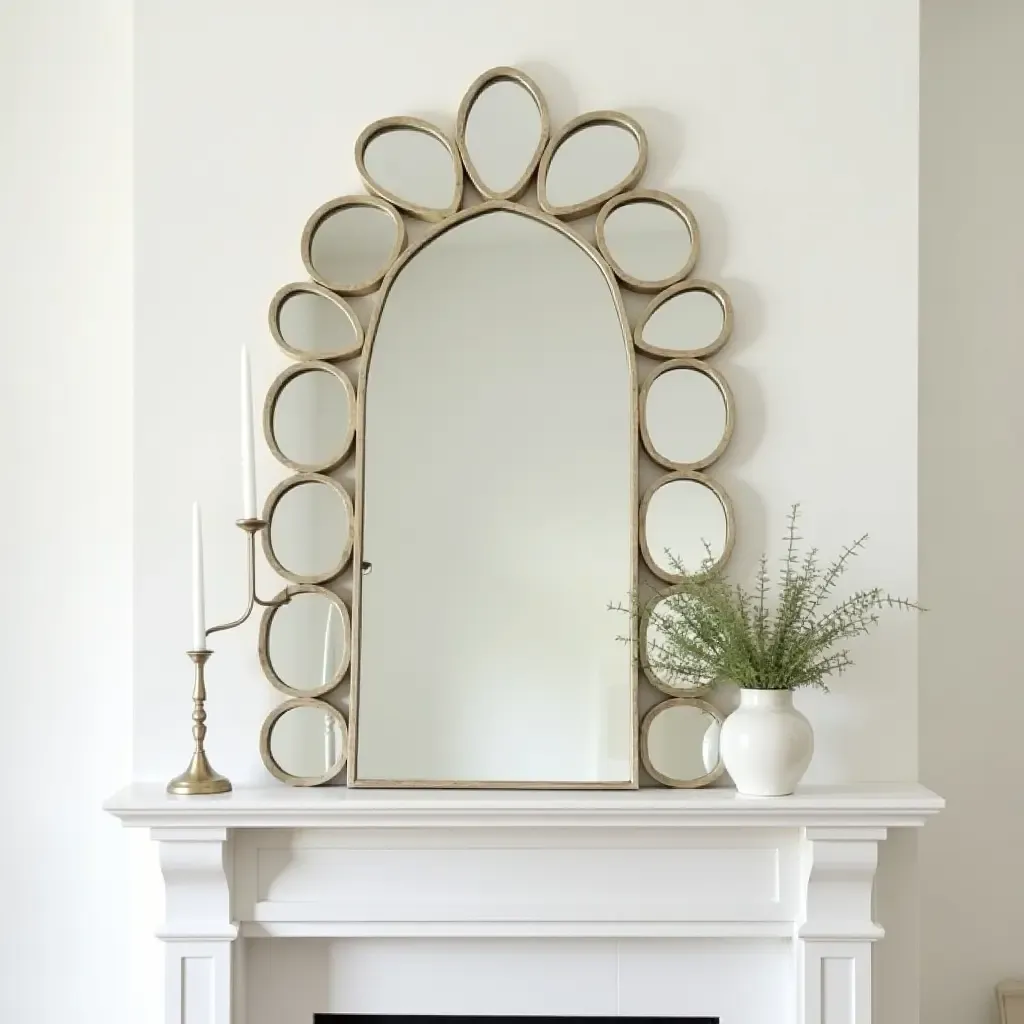 a photo of a cluster of small mirrors creating a unique mantel decor