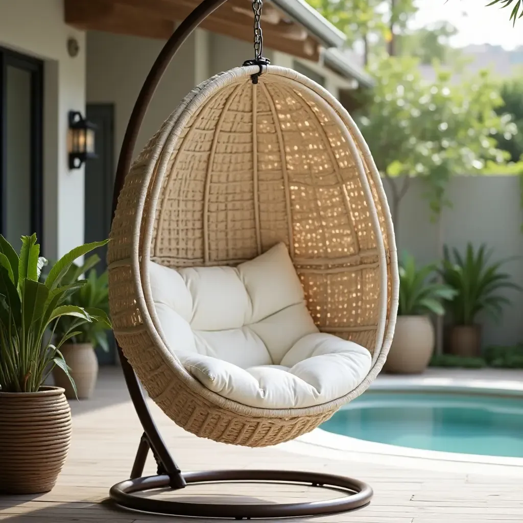 a photo of a hanging chair with a canopy for shade and comfort