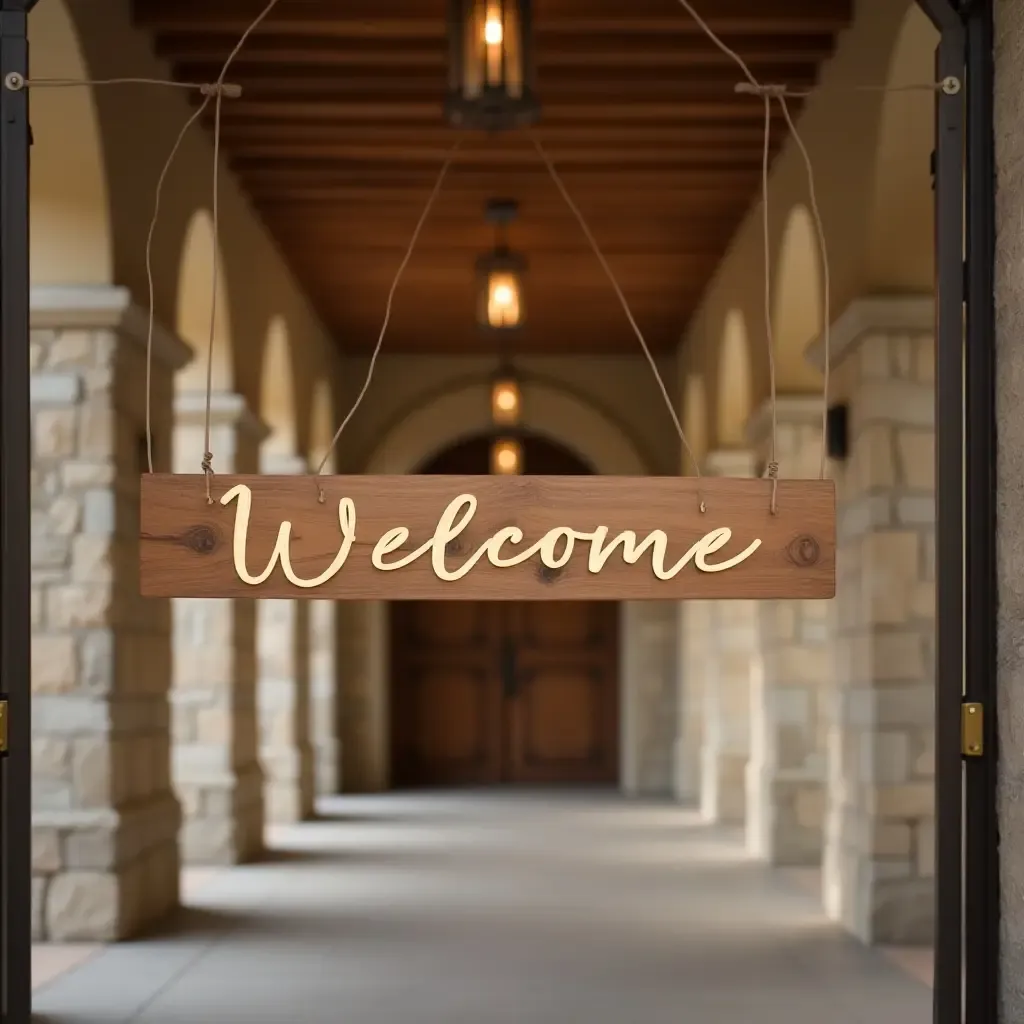 a photo of a wooden welcome sign in a corridor