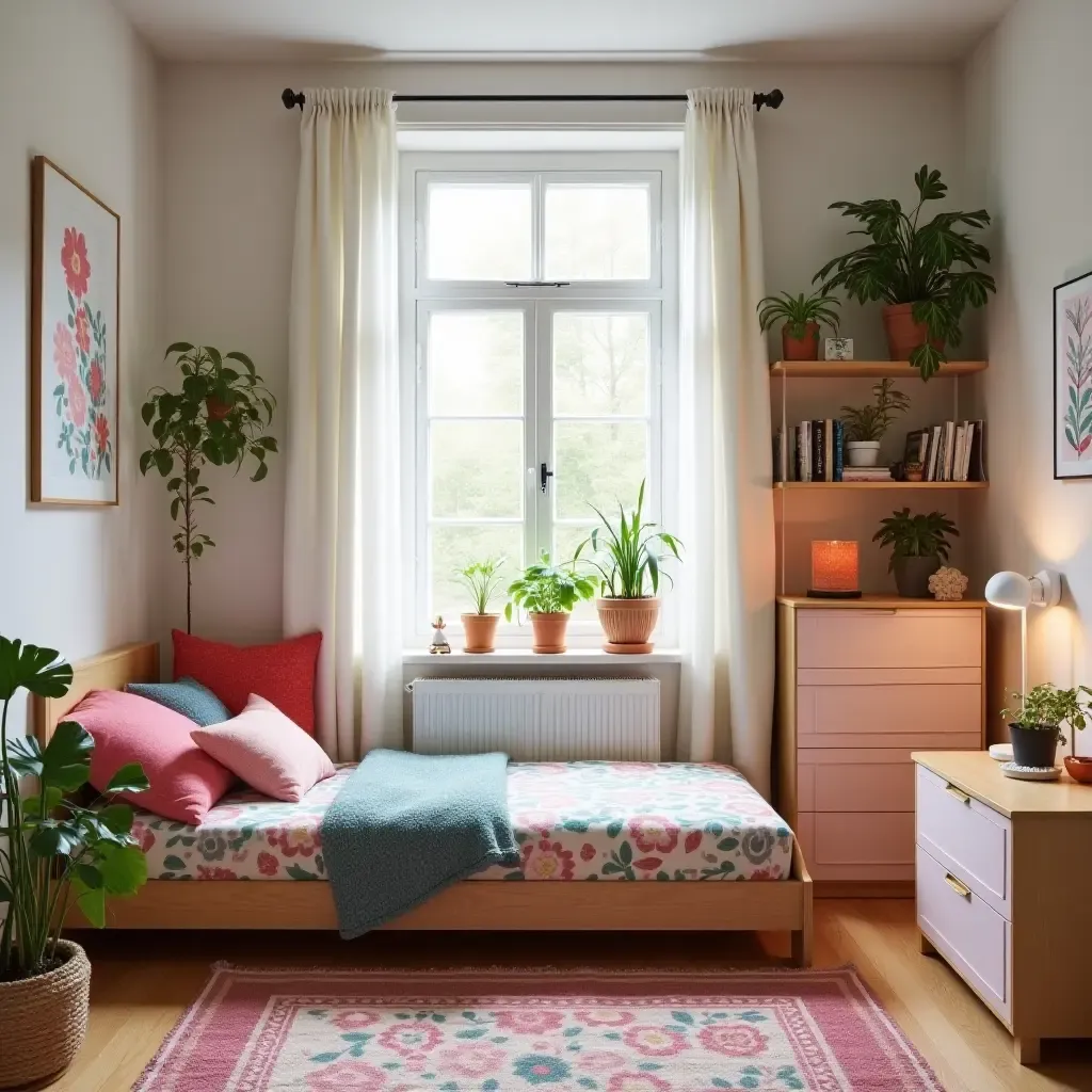 a photo of a vibrant Scandinavian-inspired teen room with colorful decor and plants